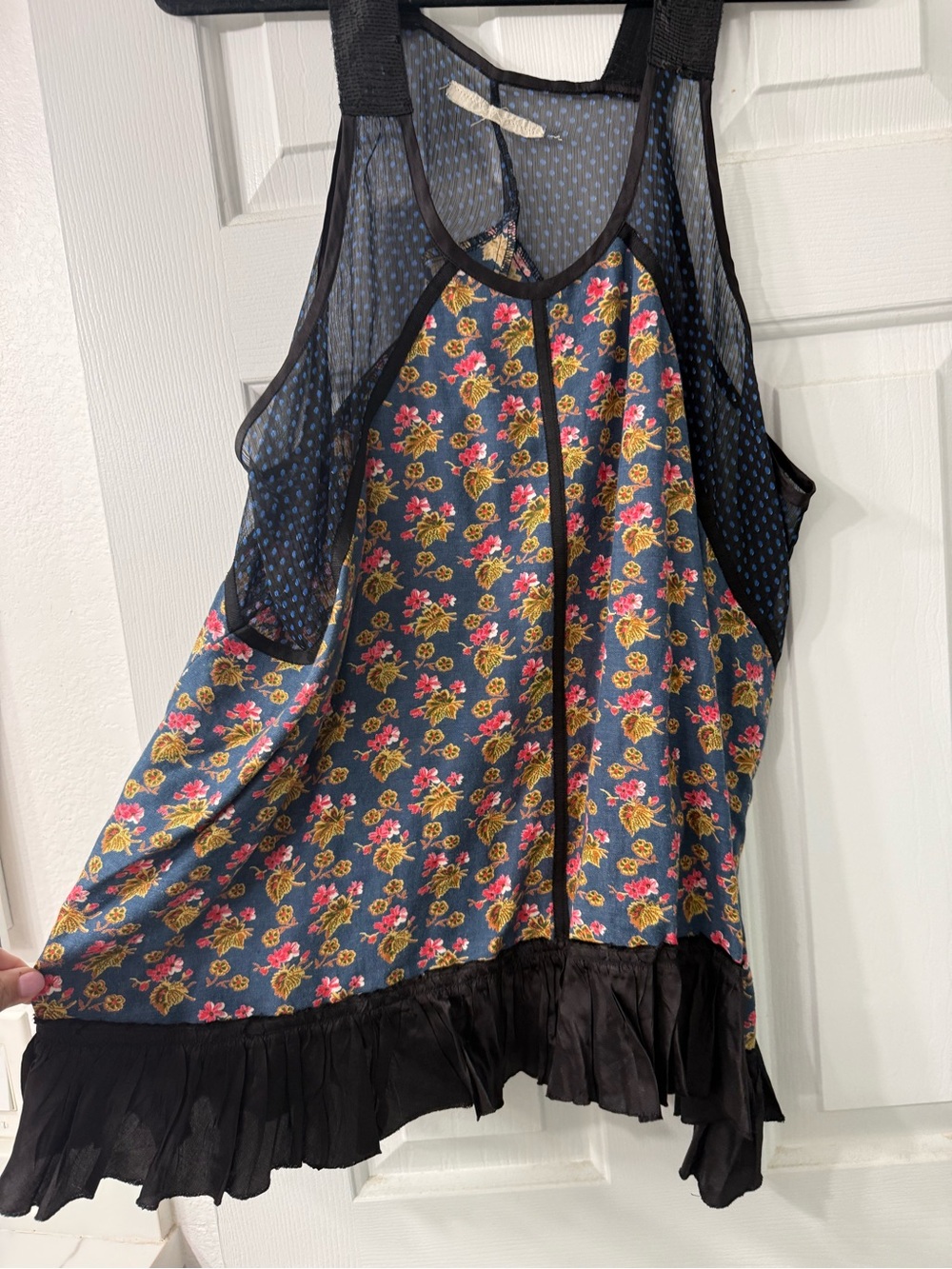 Free People Floral Blue Mesh Racerback Tank Tunic with Black Ruffle Hem